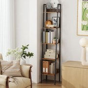 Estante com escada de 5 níveis, estreita 30 x 33,8 x 170 cm castanho-preto