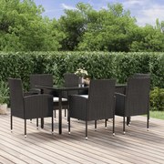 vidaXL 7 pcs conjunto de jantar p/ jardim c/ almofadões vime PE preto