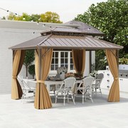 Pérgula jardim 354 x 294 cm com rede Mosquiteira Cortinas Telhado Metálico Duplo Galvanizado Estrutura de Alumínio Café