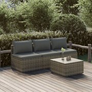 4 pcs conjunto lounge de jardim c/ almofadões vime PE cinzento