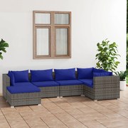 6 pcs conjunto lounge de jardim c/ almofadões vime PE cinza