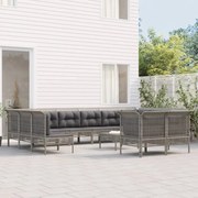 12 pcs conjunto lounge de jardim c/ almofadões vime PE cinzento