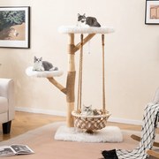 Arranhador para gatos 70 x 50 x 123 cm com rede suspensa, galhos de madeira, postes para arranhar em juta e 2 ganchos Natural + Branco