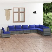 8 pcs conjunto lounge de jardim c/ almofadões vime PE cinza