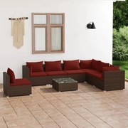 8 pcs conjunto lounge jardim c/ almofadões vime PE castanho