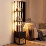 Candeeiro de pé moderno com prateleiras e gaveta Mesa auxiliar com brilho ajustável para sala de estar, quarto, escritório, casa Preto