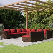 9 pcs conjunto lounge de jardim c/ almofadões vime PE castanho