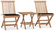 3 pcs conj. jantar dobrável exterior c/ almofadão teca maciça