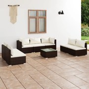 8 pcs conjunto lounge jardim c/ almofadões vime PE castanho