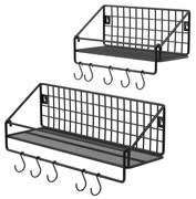 Prateleiras de parede de metal industrial SONGMICS, cada uma carrega até 15 kg, pacote de 2 prateleiras de cozinha com 10 ganchos, para quarto e sala, 30 x 12 x 13 cm, 40 x 12 x 13 cm, preto LFS02BK