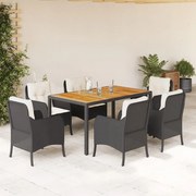 7 pcs conjunto de jantar p/ jardim c/ almofadões vime PE preto