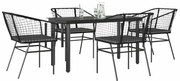 vidaXL Conjunto de jantar jardim 5 peças almofadas vidro vime PE preto