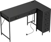 HOMCOM Escrivaninha de Canto com 6 Gavetas Gancho Lateral e Tomadas Integradas em Madeira e Aço 126x48x80 cm Preto | Aosom Portugal
