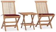 3 pcs conj. jantar dobrável exterior c/ almofadão teca maciça