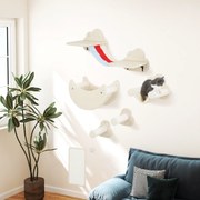 Conjunto de Prateleiras de Escalada para Gatos de 6 Peças com Rede Plataformas Escadas Tábua de Arranhar e Poste de Sisal Bege