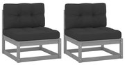 vidaXL Sofás centro jardim c/ almofadões 2 pcs pinho maciço cinzento