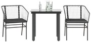 3 pcs conjunto jantar jardim almofadões vime PE vidro preto