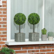 Conjunto de 2 plantas artificiais decorativas, bolas de buxo artificial de 50 cm com vaso de plástico trançado e seixos, verde
