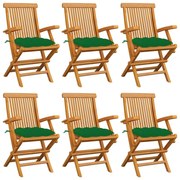 vidaXL Cadeiras de jardim c/ almofadões verdes 6 pcs teca maciça
