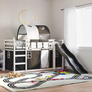 vidaXL Beliche com escorrega e cortinas 90x200 cm branco e preto