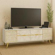 Móvel de TV ELOISE em Mármore Branco com 4 Portas e Pernas Douradas –