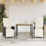vidaXL 3 pcs conjunto de jantar p/ jardim c/ almofadões vime PE preto