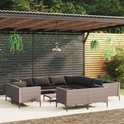 12 pcs conj. lounge jardim c/ almofadões vime PE cinza-escuro