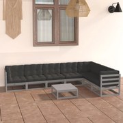 8 pcs conjunto lounge de jardim + almofadões pinho maciço cinza