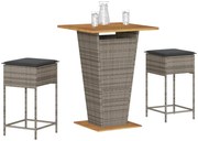vidaXL 3 pcs conjunto de bar p/ jardim c/ almofadões vime PE cinzento