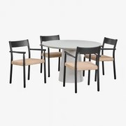 Conjunto De Mesa Redonda Em Cimento (ø120 Cm) Noemi E 4 Cadeiras De Jantar Em Madeira De Carvalho E Corda Entrançada Mara Cinzento Areia - Sklum
