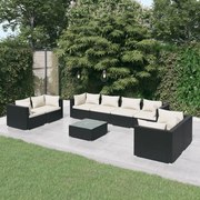 9 pcs conjunto lounge de jardim c/ almofadões vime PE preto