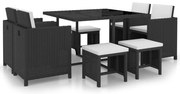 vidaXL 9 pcs conjunto jantar exterior com almofadões vime PE preto