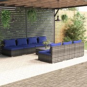 8 pcs conjunto lounge de jardim c/ almofadões vime PE cinzento