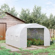 Estufa de jardim tipo túnel, dimensões: 3,5 m (L) x 3 m (C) x 2 m (A). Porta + 6 janelas enroláveis. Aço galvanizado e lona de PE de alta densidade, b