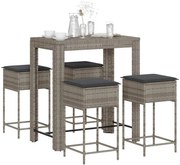 vidaXL 5 pcs conjunto de bar p/ jardim c/ almofadões vime PE cinzento