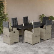 7 pcs conj. jantar p/ jardim c/ almofadões vime PE cinza-claro