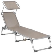 Espreguiçadeira reclinável (55 x 193 x 31 cm), encosto ajustável, toldo, cor taupe, ~150 kg