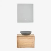 Conjunto De Móvel De Casa De Banho Suspenso 60x45 Cm Em Madeira Deleyna Madeira Natural & Cimento Cinzento Redondo Ø40 Cm Tarsis & Led - Sklum