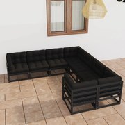 8pcs conjunto longue de jardim c/ almofadões pinho maciço preto