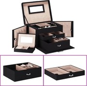 vidaXL Caixa para jóias de 3 camadas com espelho com fechadura Preto