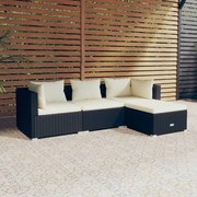 4 pcs conjunto lounge de jardim c/ almofadões vime PE preto