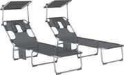 Outsunny Conjunto de 2 Espreguiçadeiras Dobráveis com Dossel 360° Encosto 5 Posições Orifício Facial 188x56x27 cm Cinza Escuro | Aosom Portugal