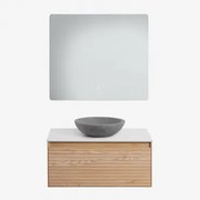 Conjunto De Móvel De Casa De Banho Suspenso Em Madeira De Freixo Tedrik Castanho Fresno & Cimento Cinzento Redondo Ø40 Cm Tarsis & Led - Sklum