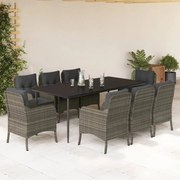vidaXL 9 pcs conjunto de jantar p/ jardim c/ almofadões vime PE cinza