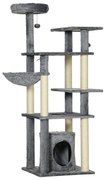 PawHut Arranhador para Gatos com Poste de Arranhar de Sisal Cama Caverna Plataformas e Bolas Suspensas 49x49x144 cm Cinza