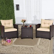 Conjunto 3 peças Pátio Conversação Mobiliário para Pátio Sofá Rattan Exterior com Almofada Lavável para Varanda de Jardim 67 x 67 x 76 cm Castanho