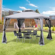 Pérgola de Jardim 294x294x265cm com Duplo Teto de Ventilação 8 Orifícios de Drenagem e 4 Telas Mosquiteiras Cinza