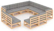 11 pcs conjunto lounge de jardim c/ almofadões pinho maciço