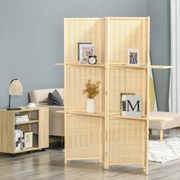 Biombo de 4 Painéis de Bambu Separador de Ambientes Dobrável com 2 Prateleiras Removíveis para Dormitório 180x180 cm Madeira