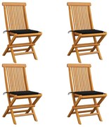 vidaXL Cadeiras de jardim c/ almofadões pretos 4 pcs teca maciça